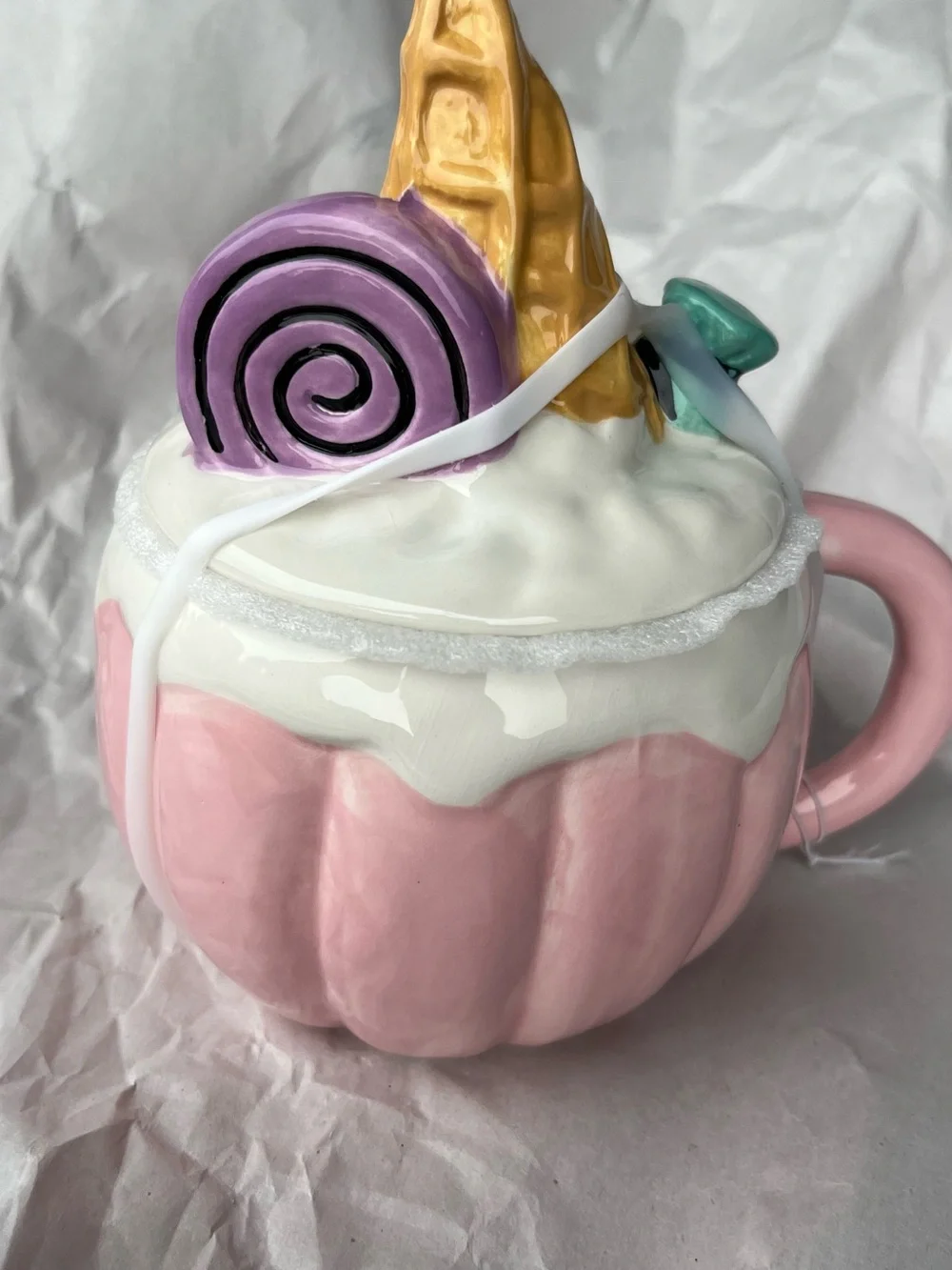 Whimsical Pink Pumpkin Ceramic Mug with Ice Cream Cone Accent